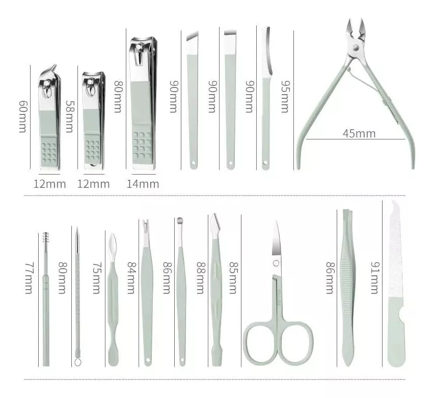 Kit Profesional de Manicura y Pedicura 16 en 1 | Acero Inoxidable + Estuche Portátil